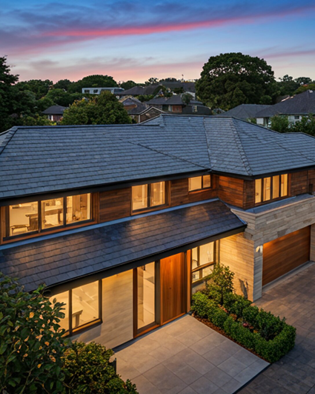 Premium residential roofing at dusk